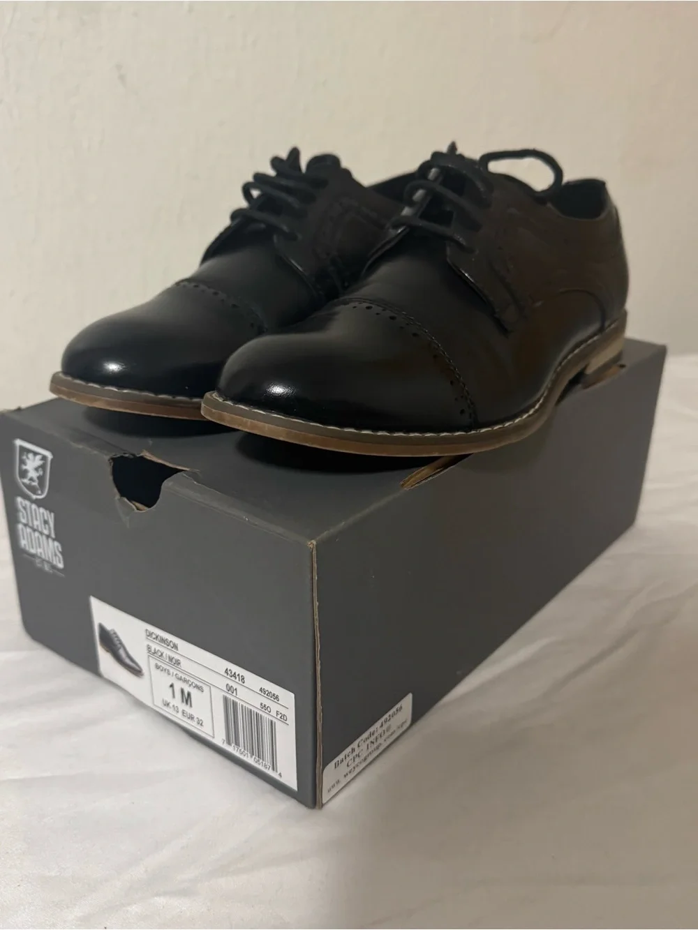 Stacy Adams Dickinson Oxfords Boys 1M Black Leather Cap-Toe Tan Trim EUC School